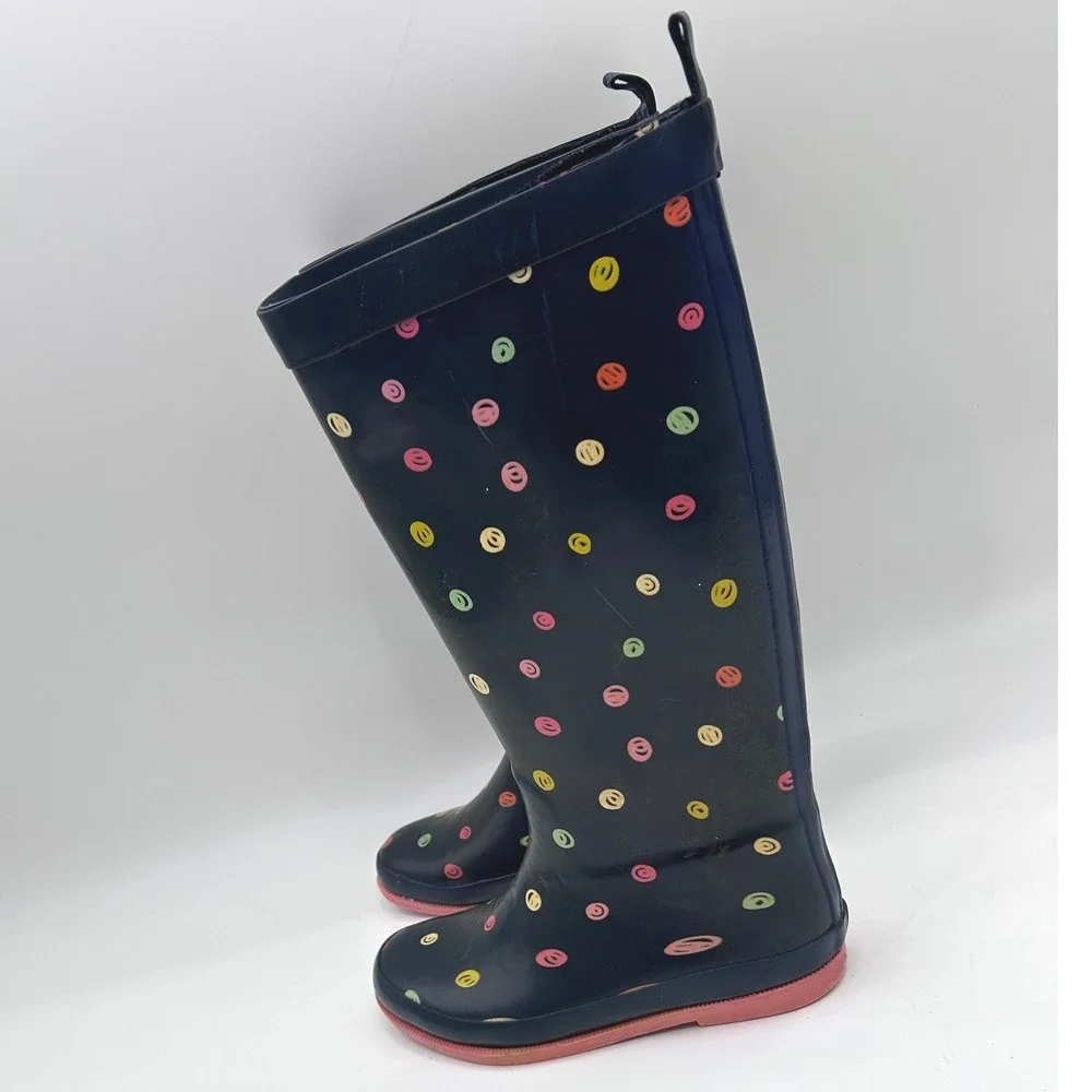 Navy Blue Smiley Face Polka Dot Rubber Rain Boots Pink Sole Kids Size 3